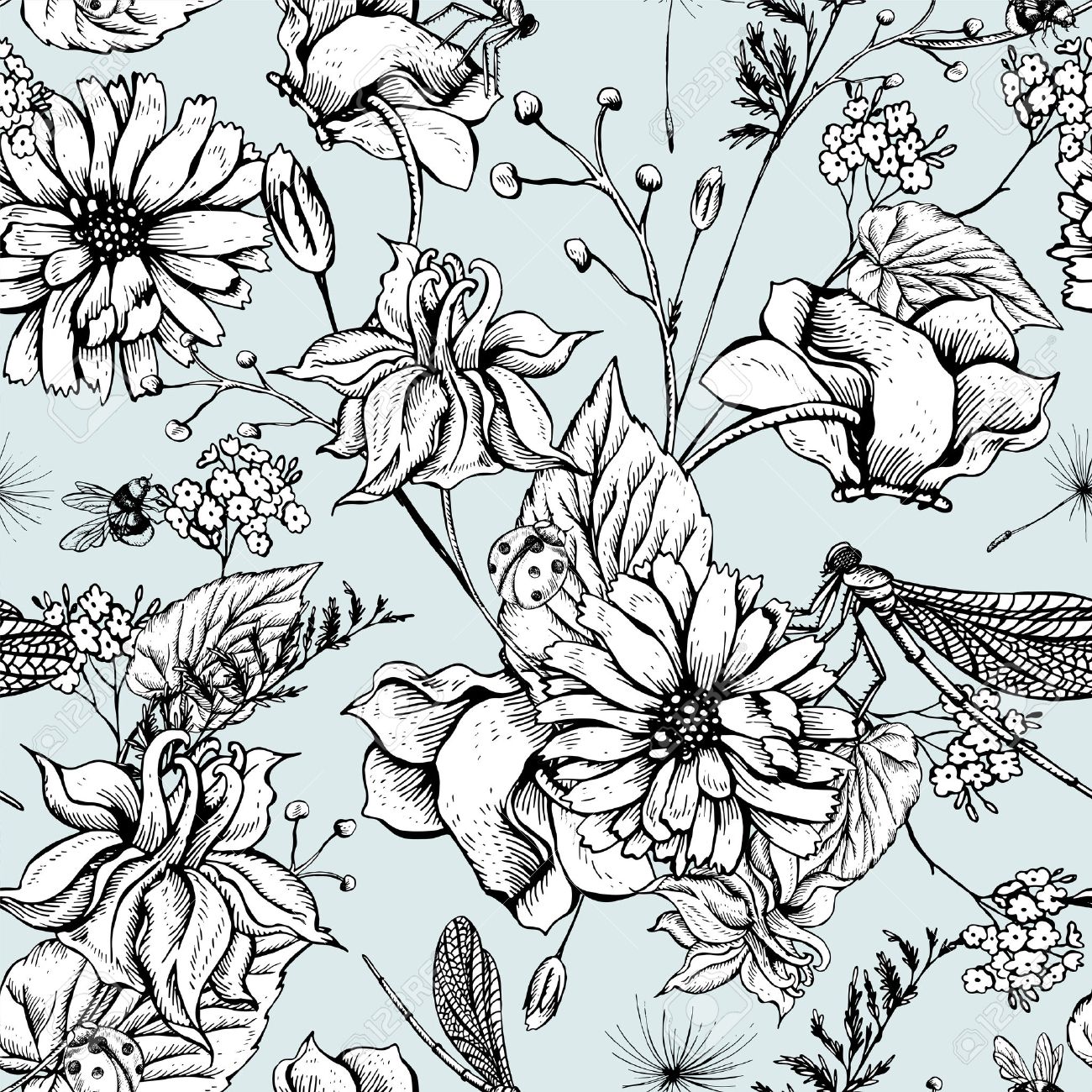 ビンテージ白黒花ベクターのシームレスなパターン ボタニカルぼろぼろのシックなイラストの野生の花 トンボ ハチ テントウムシ ヒナギク葉や小枝花のデザイン要素 のイラスト素材 ベクタ Image