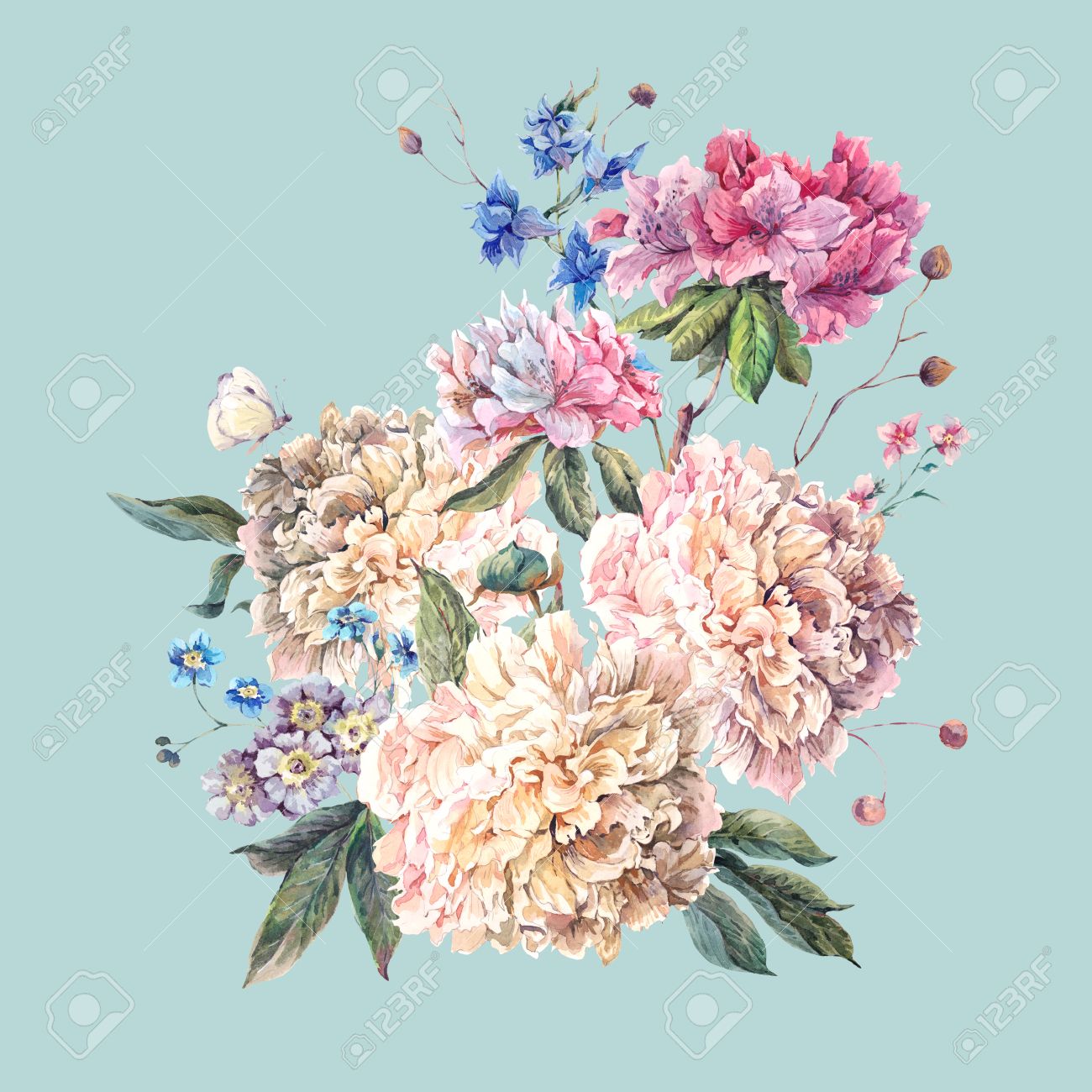 Gentle Decoration Vintage Floral Greeting Card with Blooming White Peonies and Wild Flowers, Watercolor Botanical Natural Peonies Illustration isolated on blue. - 57640481 Gentle Decoration Vintage Floral Greeting Card with Blooming White Peonies and Wild Flowers, Watercolor Botanical Natural Peonies Illustration isolated on blue. - 57640481