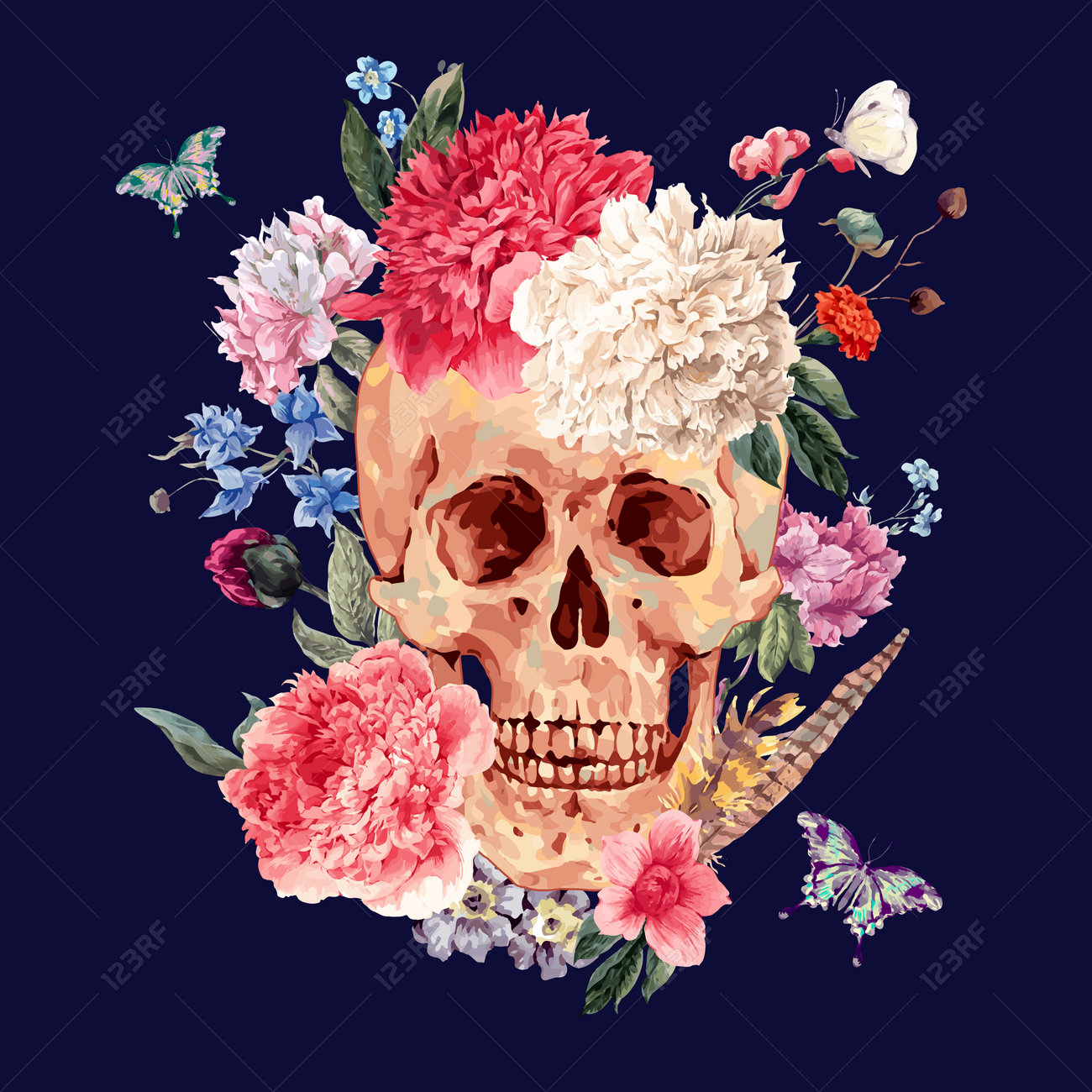 Watercolor Card With Skull And Pink Peony Wildflowers Bouquet Royalty Free Cliparts Vectors And Stock Illustration Image 57878546