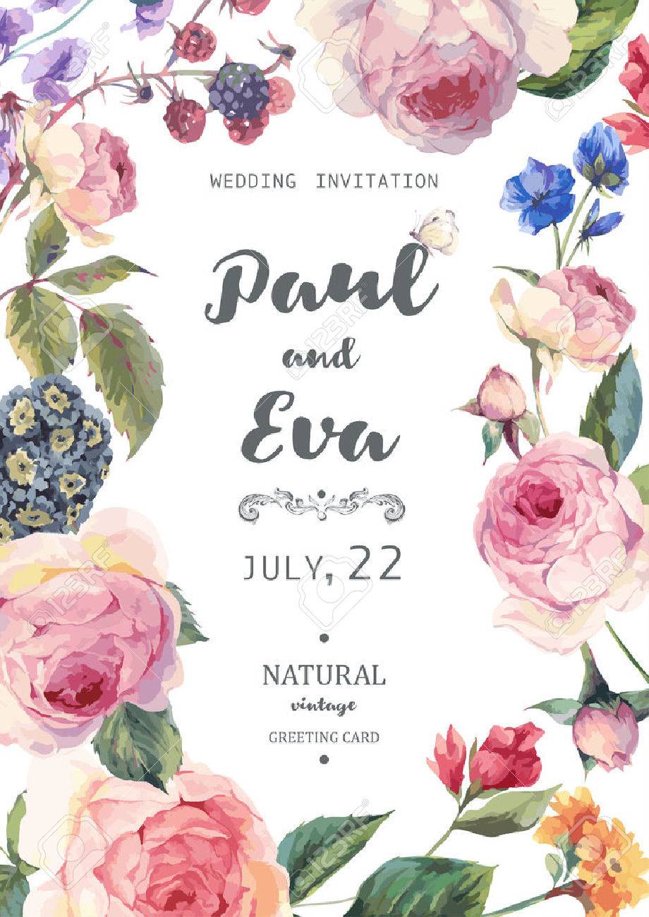 ビンテージ花のベクトル イングリッシュ ローズと野生の花 植物の自然なバラのイラストの結婚式招待状 夏の花バラのグリーティング カードのイラスト素材 ベクタ Image