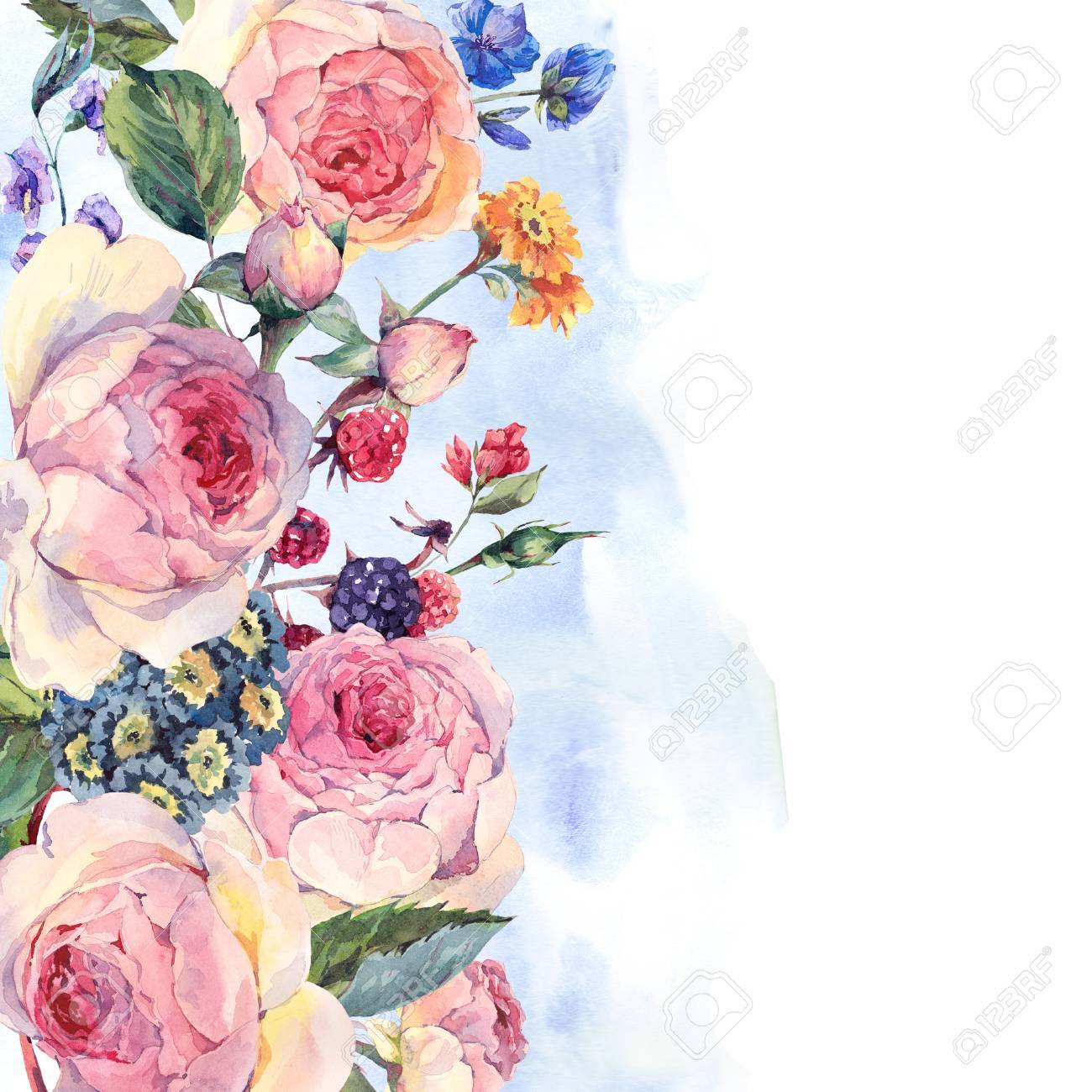 Millésime Classique Carte De Voeux Florale Aquarelle Bouquet De Roses Et De Fleurs Sauvages Anglais Botanique Illustration Aquarelle Naturelle Sur