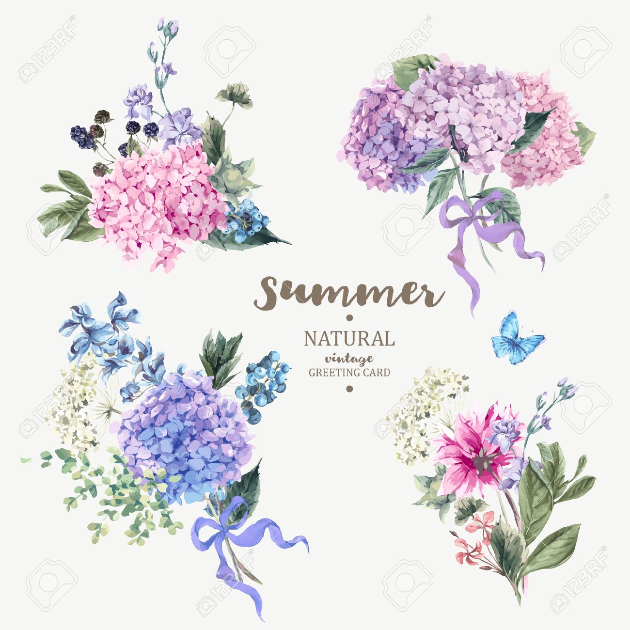 ビンテージ花のベクトル ブーケ アジサイと庭の花の植物自然紫陽花図白のセットです 水彩風の夏花アジサイ グリーティング カード のイラスト素材 ベクタ Image