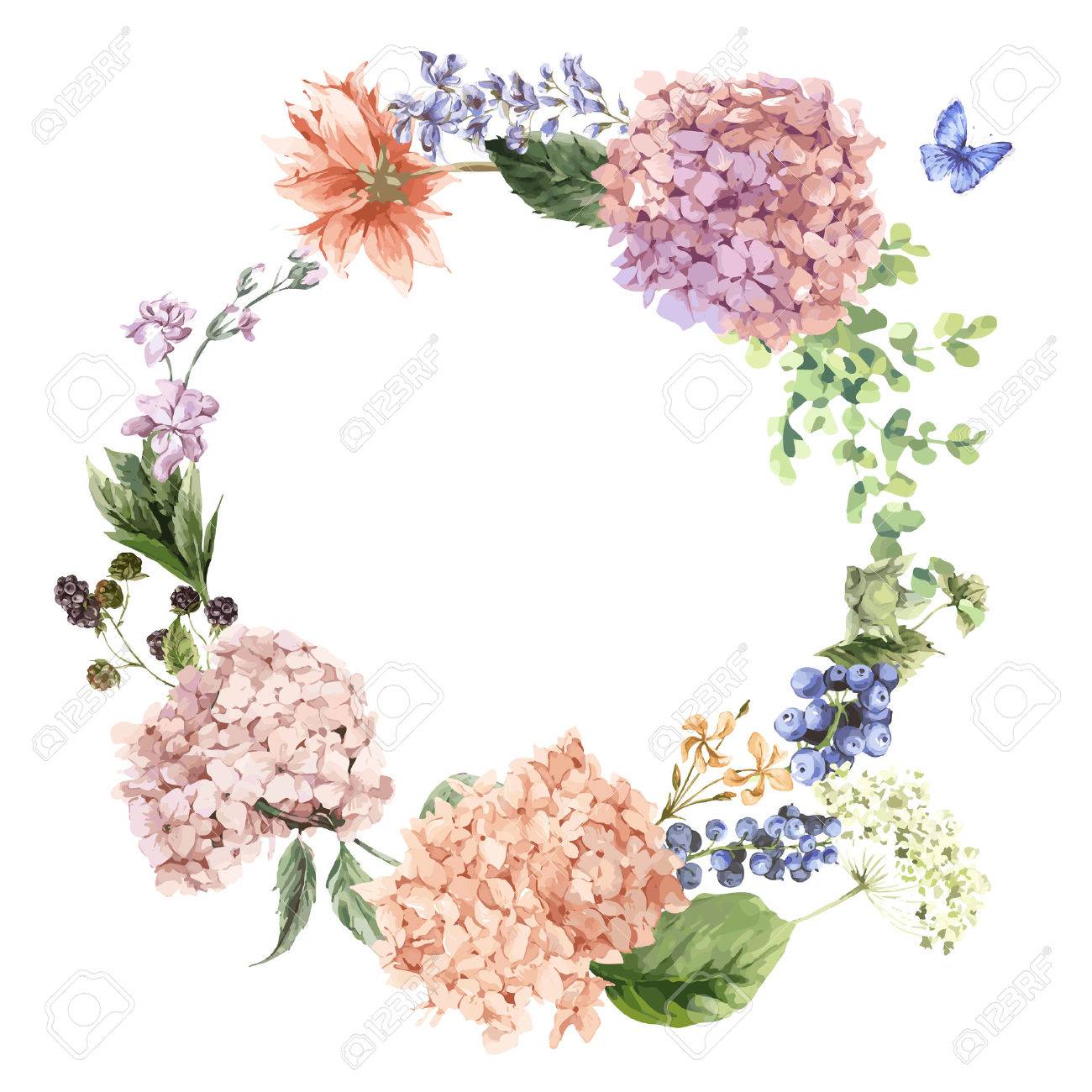 夏ヴィンテージ フローラル挨拶リース アジサイの咲くと庭の花の水彩風に白の植物自然紫陽花の図 のイラスト素材 ベクタ Image