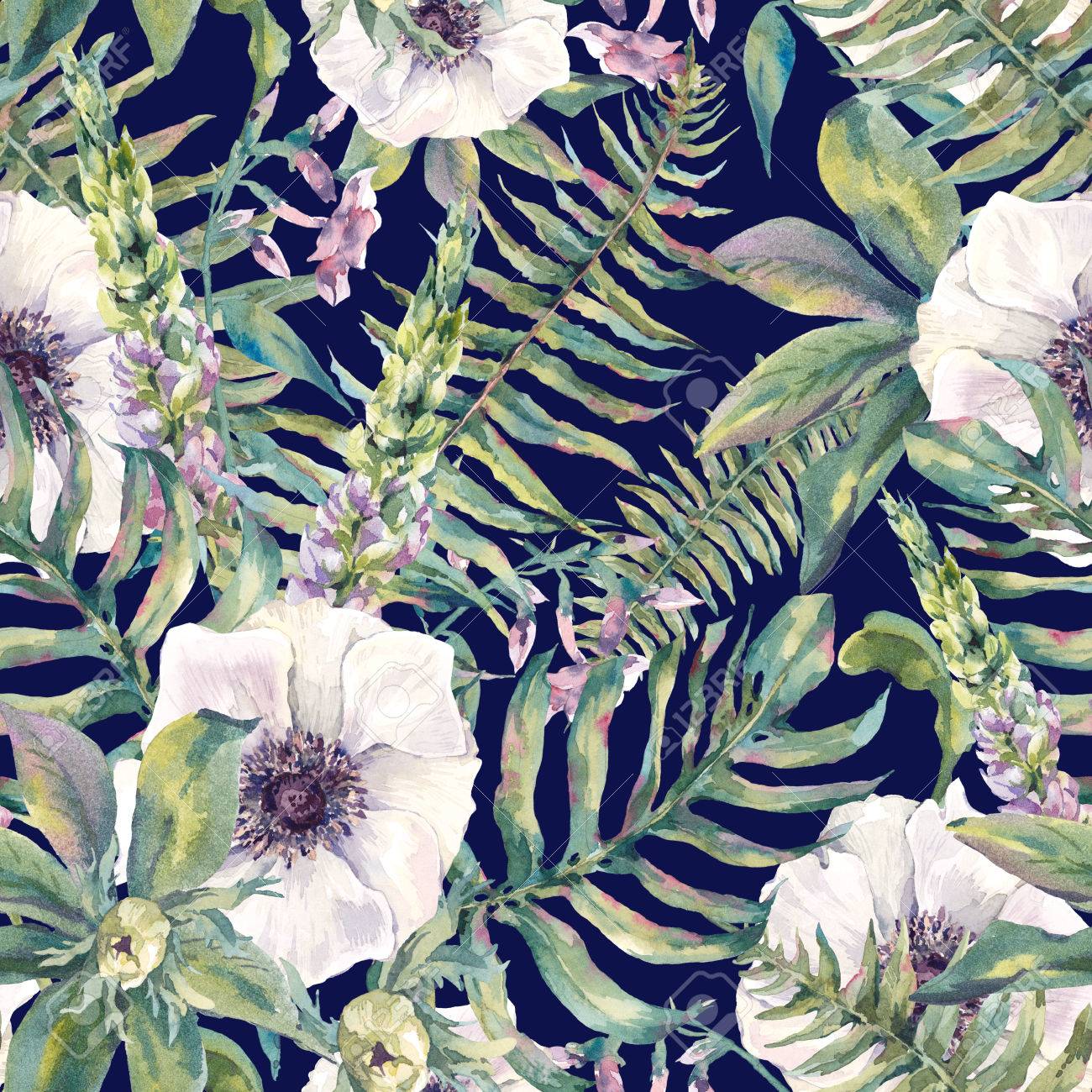 Tropical Watercolor Leaf Seamless Pattern With Ferns And Flowers Stock Photo Picture And Royalty Free Image Image 59803197