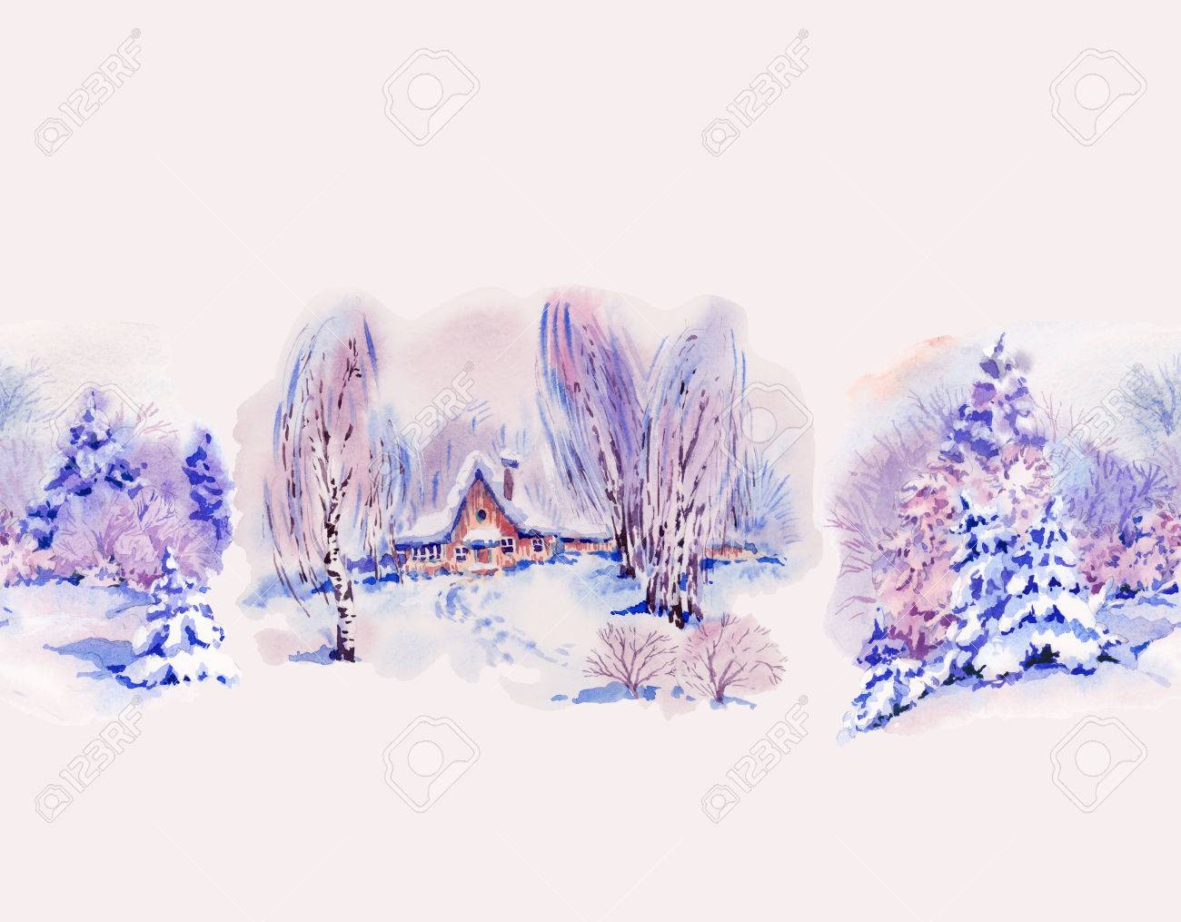 Paesaggio Immagini Natalizie Vintage.Immagini Stock Acquarello Di Natale Confine Senza Soluzione Di Continuita Vintage Con Accogliente Paesaggio Di Campagna Invernale Fairytale Foresta Acquarello Inverno Illustrazione Image 65252777