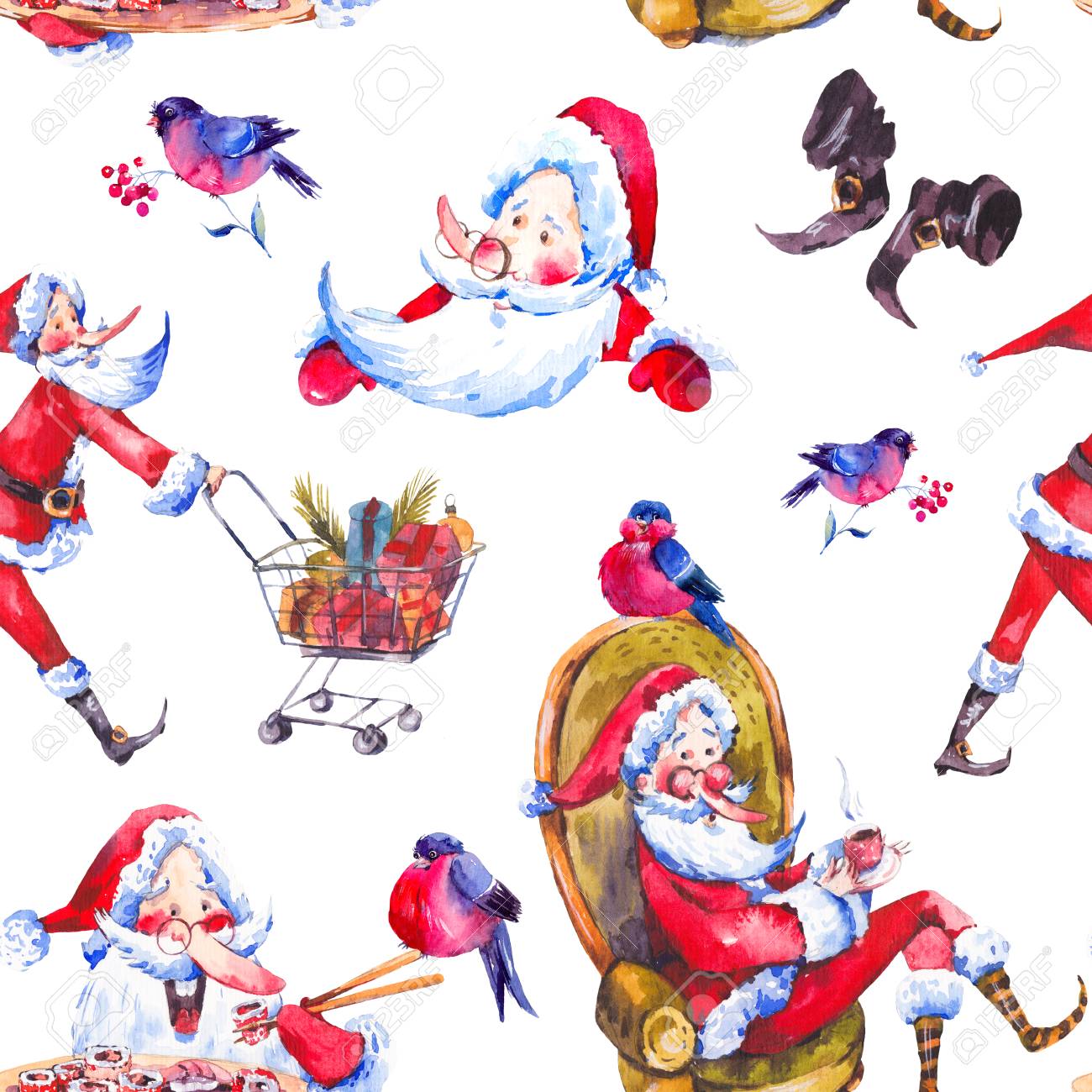 かわいいサンタ クロースの童話水彩冬イラスト白背景 休日デザイン要素にヴィンテージのクリスマスの水彩シームレス パターン の写真素材 画像素材 Image