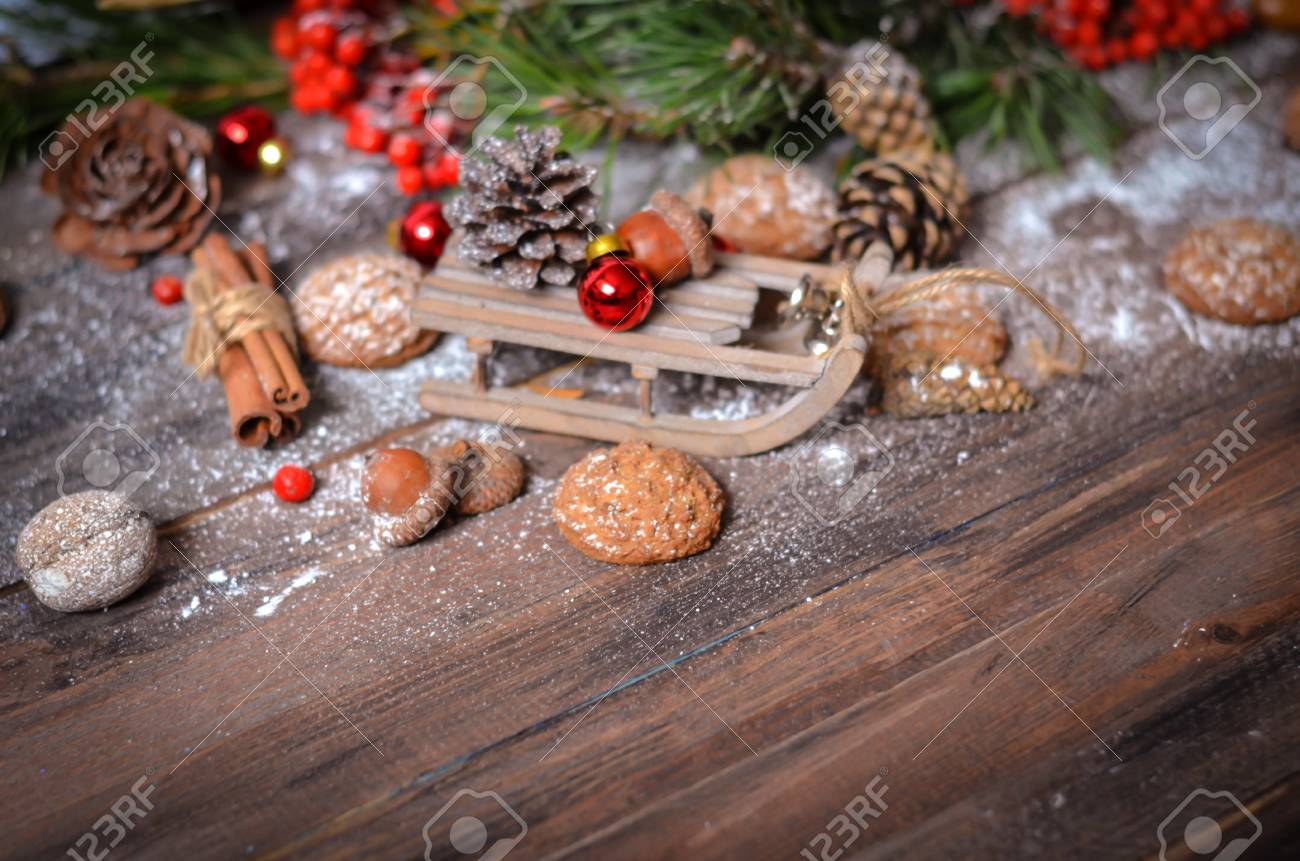 Christmas And New Year Decoration With Vintage Wooden Sled Pine