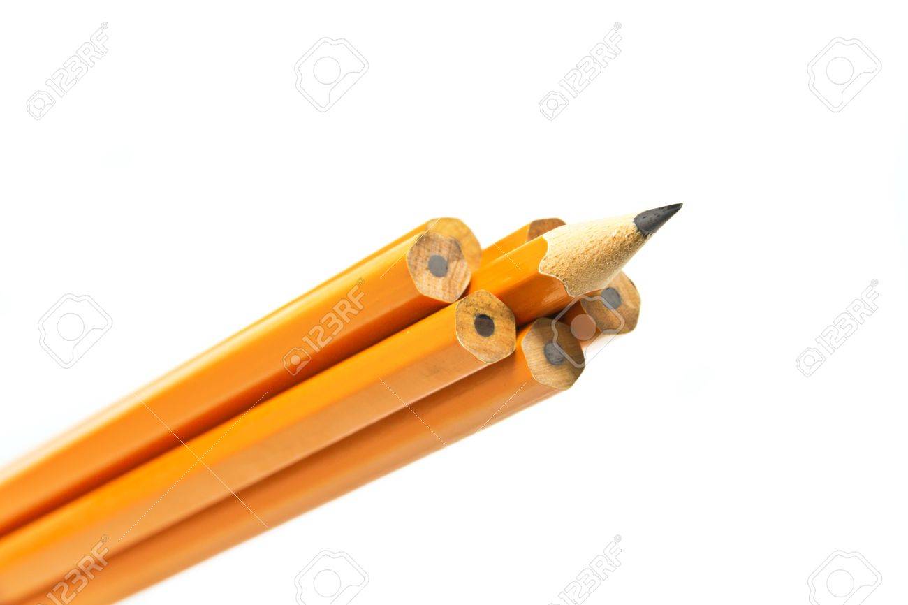 a sharp pencil sticking out form a croud of dull pencils stock photo