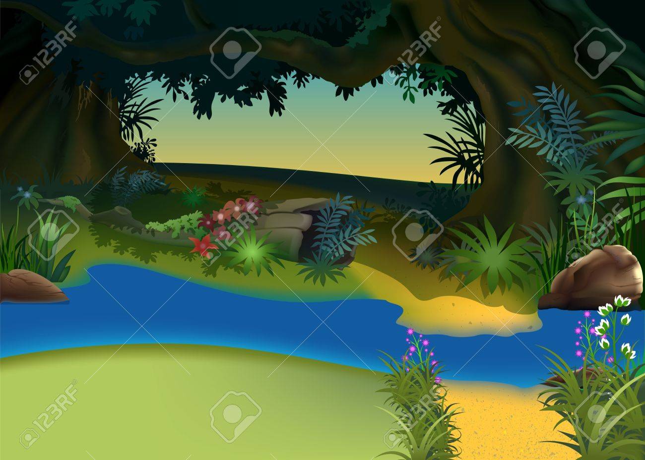 神秘的な森林 背景漫画イラストのイラスト素材 ベクタ Image