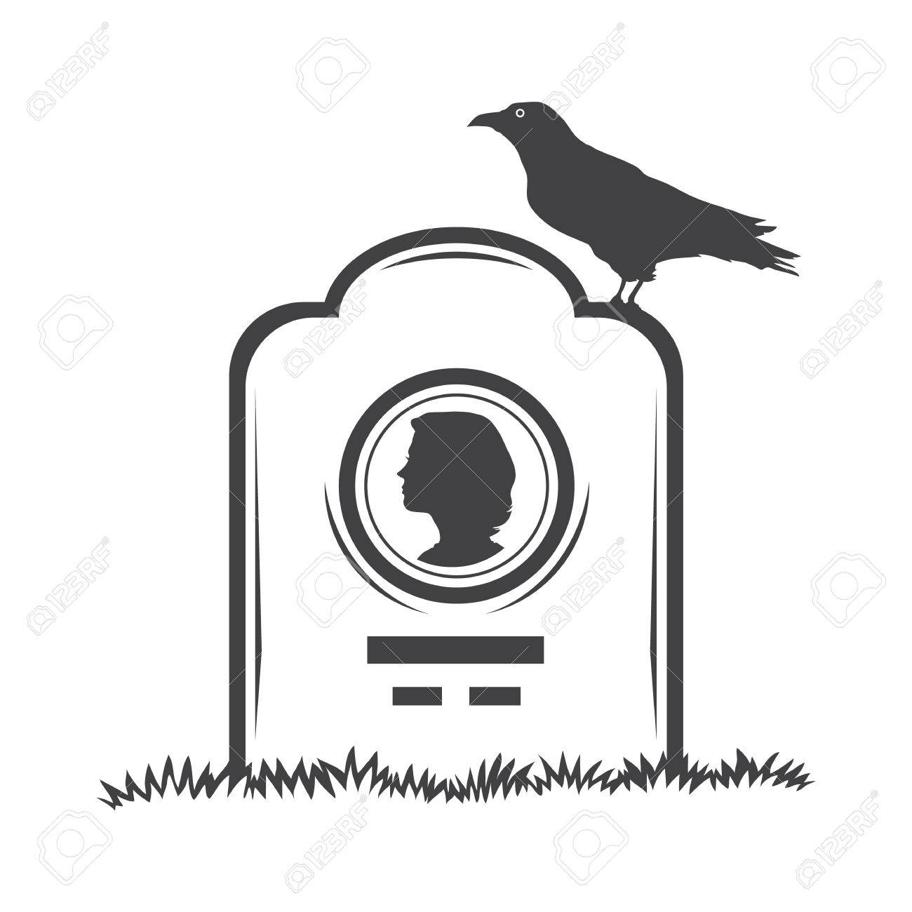 Vector Isolated Image Of Contour The Grave Gravestone Monument Depicting  The Profile Of Woman. Headstone For Print And Web Design Funeral Services.  Burial And Funeral . Crow, The Raven Royalty Free SVG,, image size:1300x1300