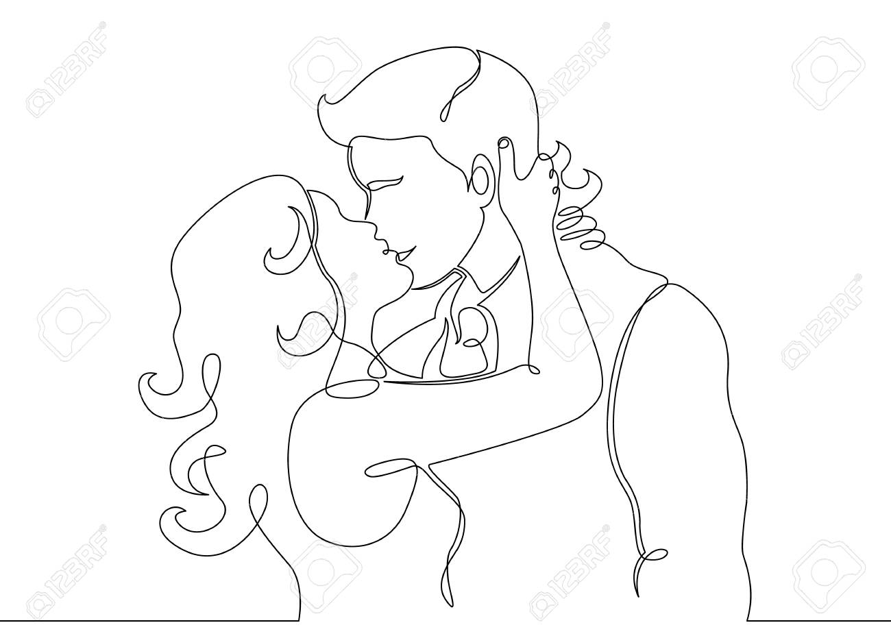 Continuous One Drawn Single Line Of Romantic Kiss Of Two Lovers, Newlyweds,  Young People.Loving Couple Embracing And Kissing, Valentines Day,women And  Men In Love.Heads Of Kissing Royalty Free SVG, Cliparts, Vectors, and, image size:1300x928