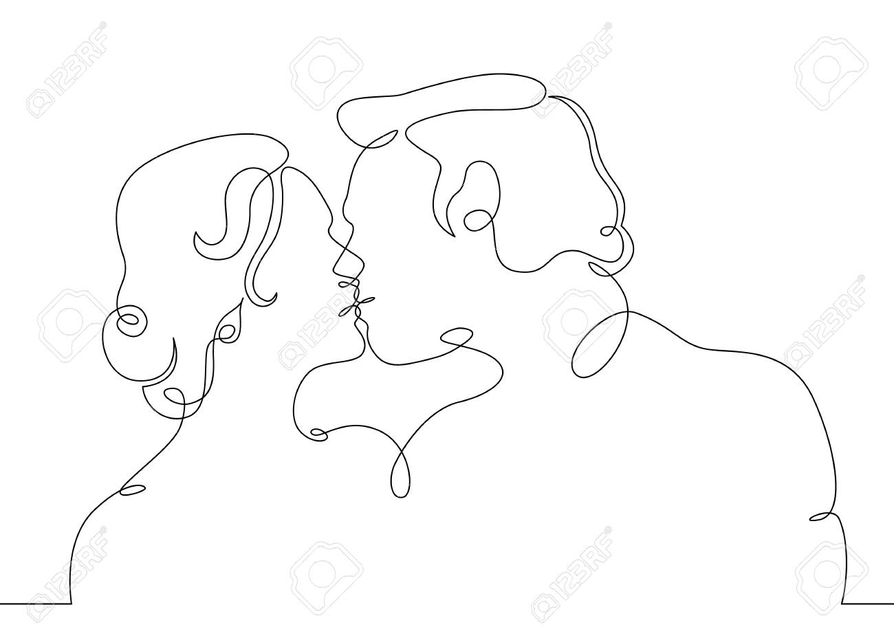 Continuous One Drawn Single Line Of Romantic Kiss Of Two Lovers