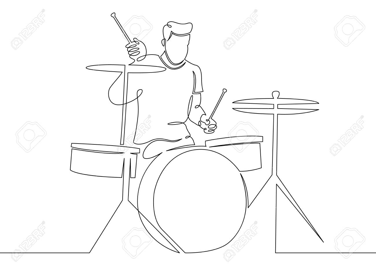 One Continuous Single Drawn Line Art Doodle Man Rock And Roll, Rock Band,  Musician Percussion Instruments, Drummer, Percussion . Isolated Image Hand  Drawn Outline White Background. Клипарты, SVG, векторы, и Набор Иллюстраций