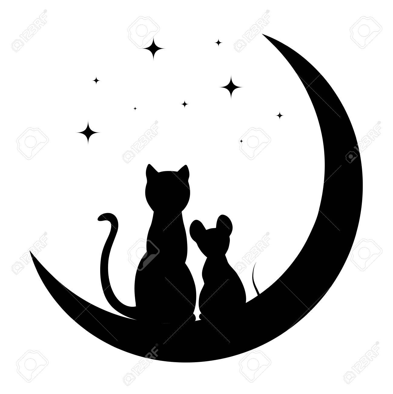 猫と月の上に座って少しのマウスのイラスト素材 ベクタ Image 猫と月の上に座って少しのマウスのイラスト素材 ベクタ Image