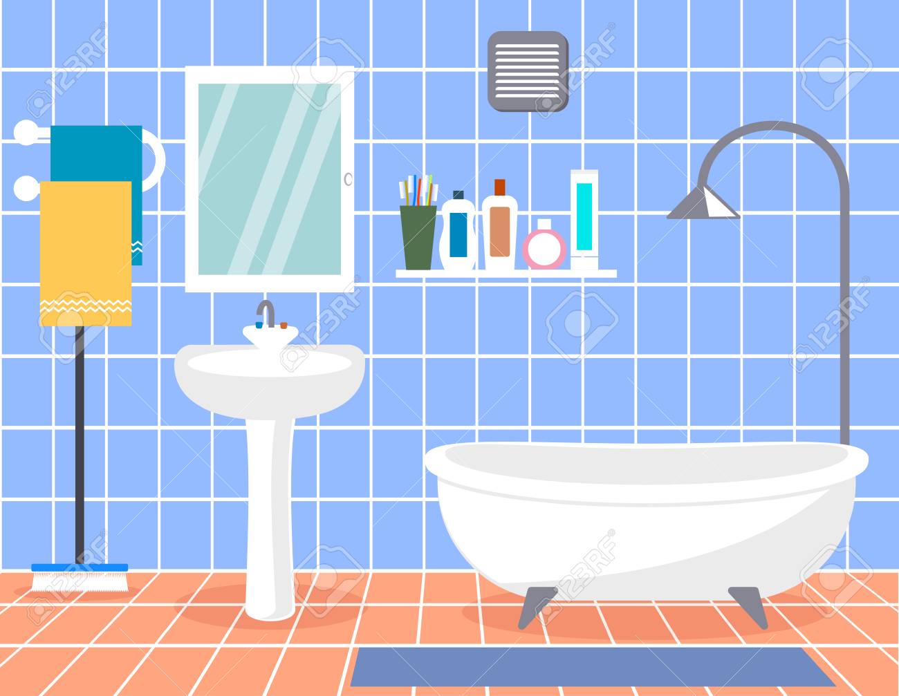 Design Modern Bathroom. Bathroom Interior With In Flat Style. Royalty Free  SVG, Cliparts, Vectors, and Stock Illustration. Image 50906468., image size:1300x1007