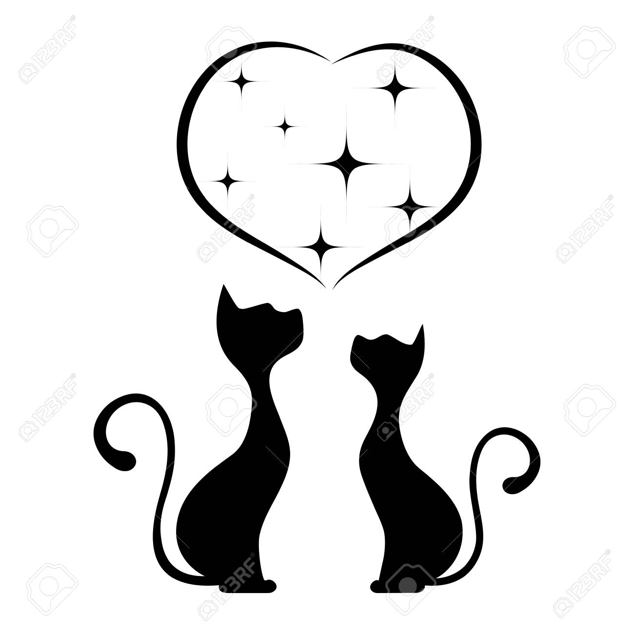 猫白黒イラストのロマンチックな出会い。 のイラスト素材・ベクタ