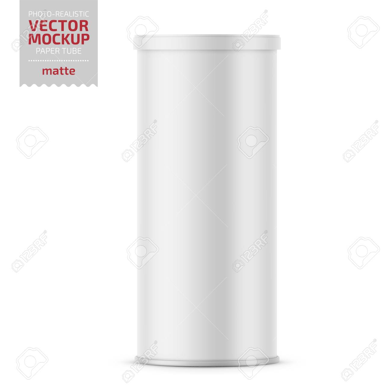 White matte paper tube with plastic lid for snacks, chips. Photo-realistic packaging mockup template. Vector 3d illustration. - 109628254 White matte paper tube with plastic lid for snacks, chips. Photo-realistic packaging mockup template. Vector 3d illustration. - 109628254
