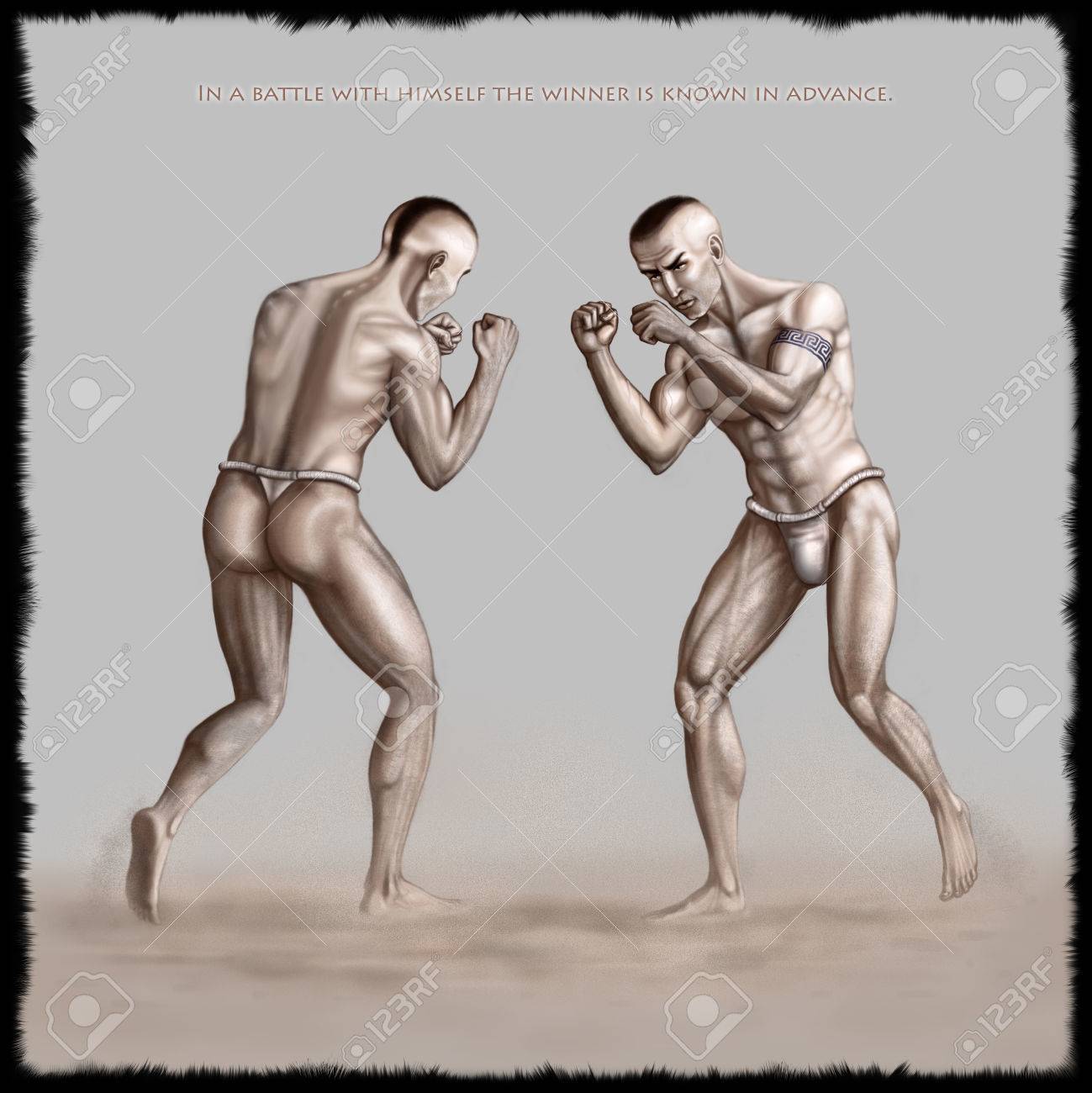 Naked men fighting.