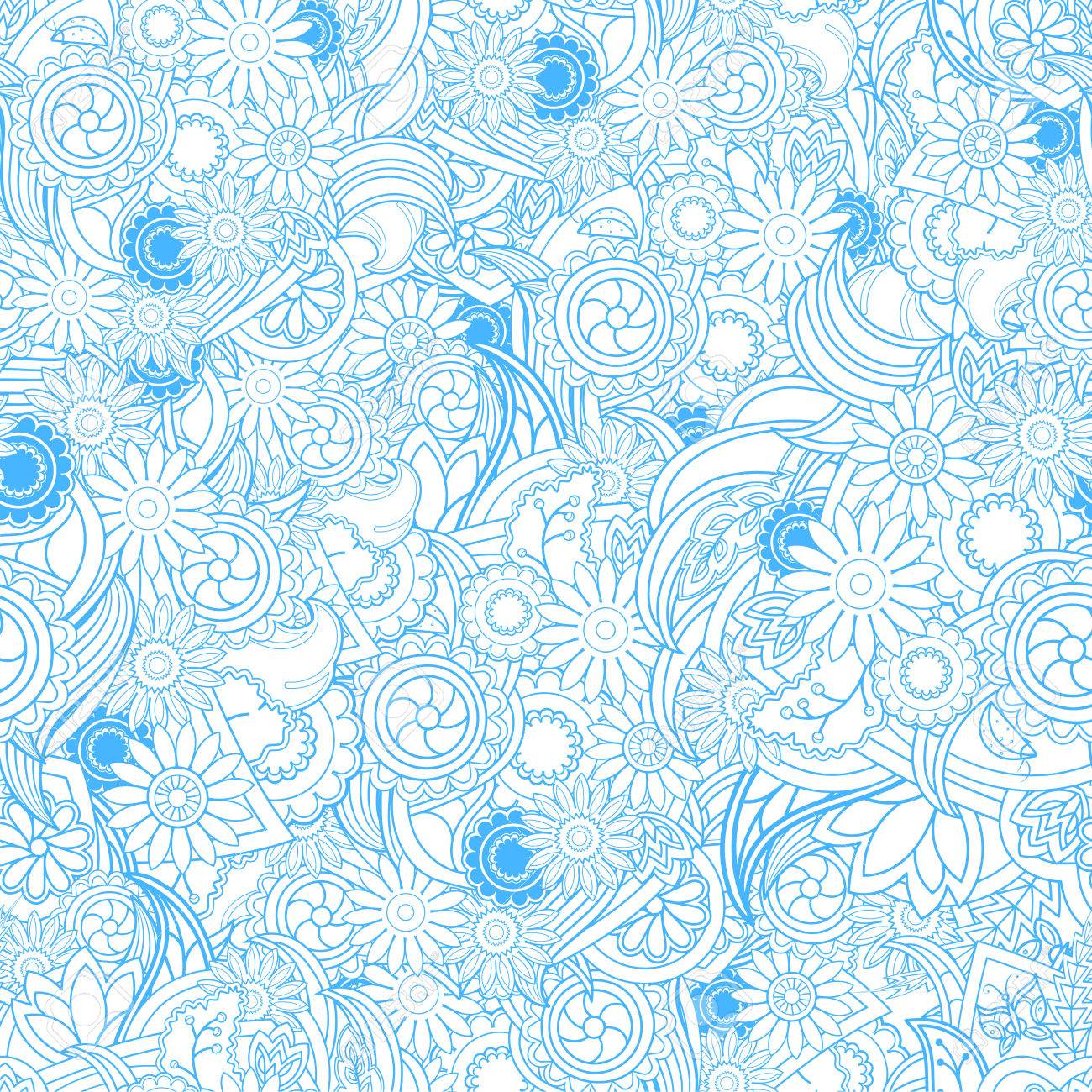 Floral Blue Background Seamless Texture With Flowers And Greenery