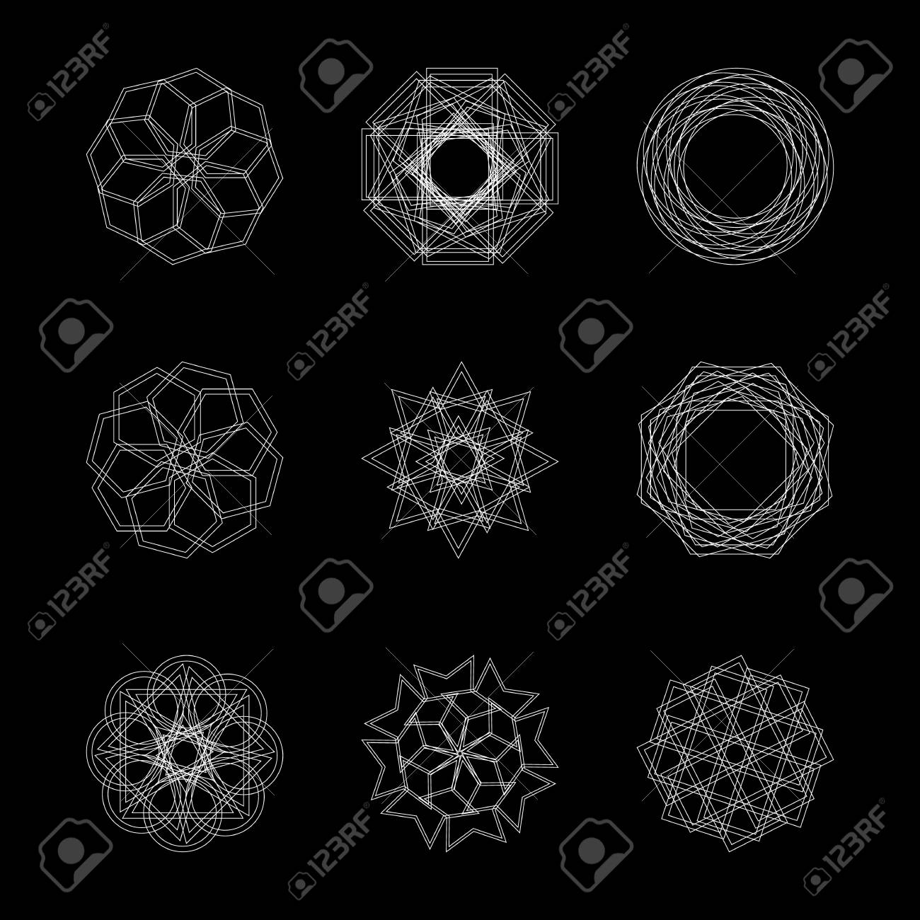 抽象的な幾何学的図形 星と円の未来的な波状フラクタル ベクトル広場 その他さまざまな装飾的な要素 白黒色のサインとシンボルのイラスト素材 ベクタ Image