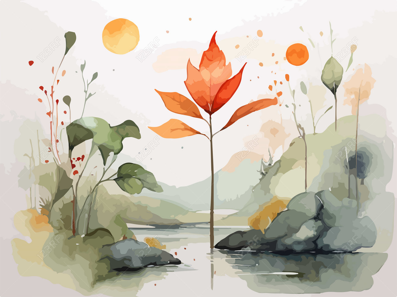 秋の風景 水彩画 木製フレーム付き（秋の風景画 水彩イラスト｜無料  