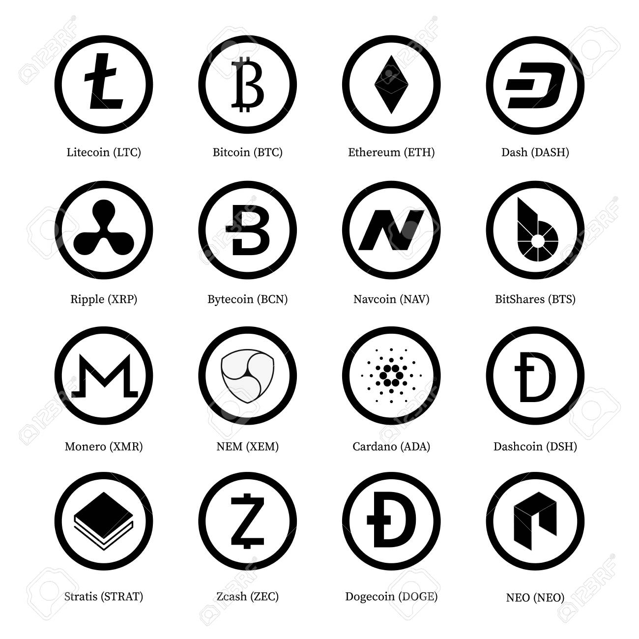Ensemble De 16 Icônes Vectorielles De Crypto-monnaie. Bitcoin, Litecoin,  Dash, Zcash, Ethereum, Monero, Ripple, Dashcoin, Stratis, BitShares, NEO,  Dogecoin, Bytecoin, Navcoin, NEM, Cardano. Monnaie Numérique. Clip Art  Libres De Droits, Svg, Vecteurs