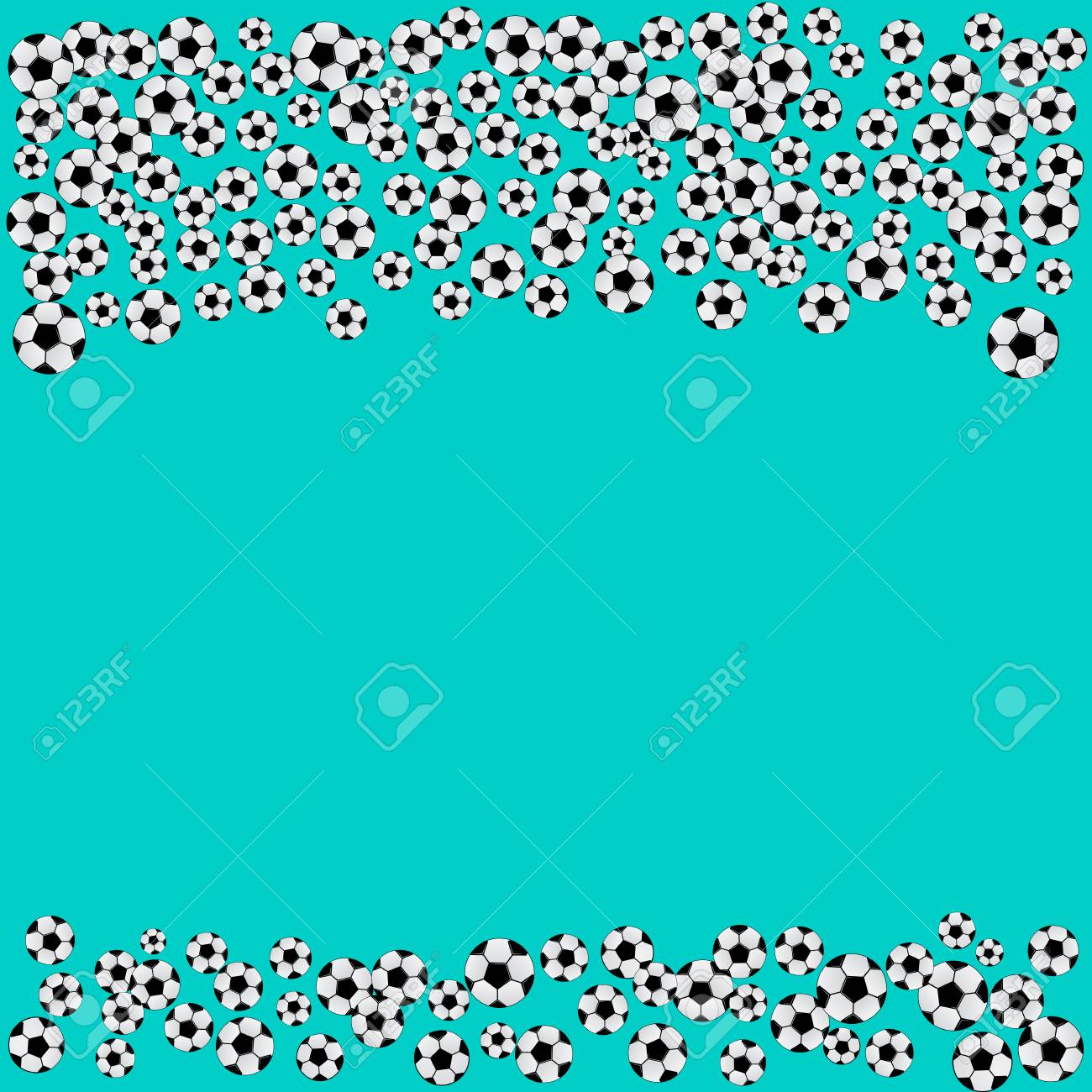 soccer balls confetti frame on mint green background with space football party invitation template