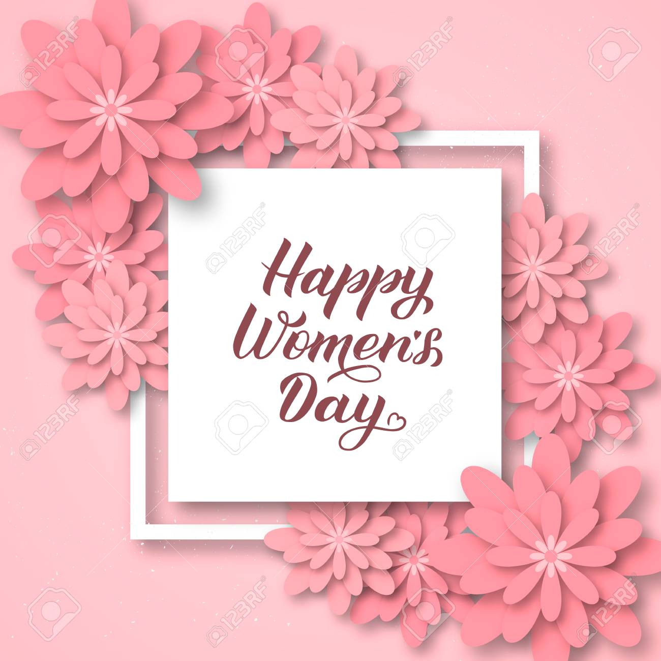 Happy Women’s Day Calligraphy Lettering With Pink Origami Flowers. Paper Cut Style Vector Illustration. International Womens Day Poster, Banner, Party Invitations, Greeting Cards, Etc. Royalty Free Cliparts, Vectors, And Stock Illustration. Image