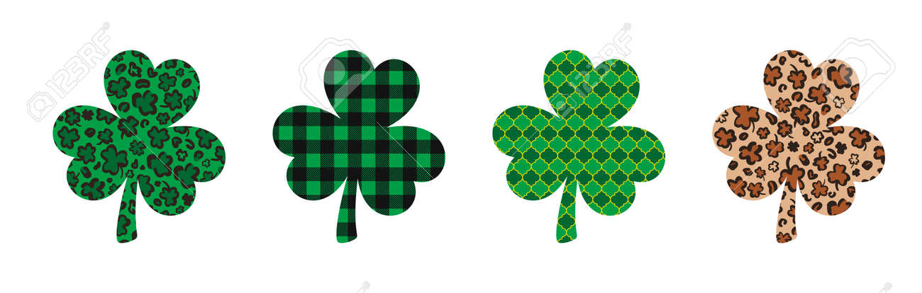 Set van 4 shamrock of klaver bladeren gemaakt van leopard print, buffel plaid, arabesque tegel. saint patricks day symbool. vector template voor st. patrick s day banner, poster, flyer, sticker, ansichtkaart. - 165741317 Set van 4 shamrock of klaver bladeren gemaakt van leopard print, buffel plaid, arabesque tegel. saint patricks day symbool. vector template voor st. patrick s day banner, poster, flyer, sticker, ansichtkaart. - 165741317