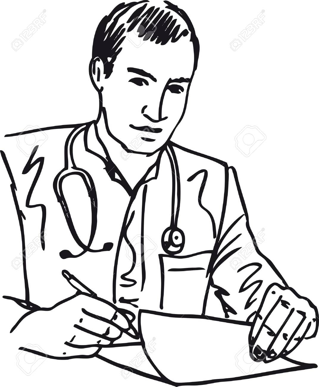 Sketch Medical Doctor With Stethoscope Sitting At A Desk In Sketch Medical Doctor With Stethoscope Sitting At A Desk In