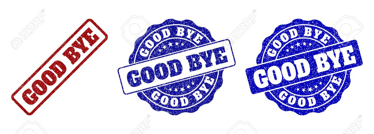 GOOD BYE grunge stamp seals in red and blue colors. Vector GOOD BYE overlays with grunge surface. Graphic elements are rounded rectangles, rosettes, circles and text titles. - 113122372 GOOD BYE grunge stamp seals in red and blue colors. Vector GOOD BYE overlays with grunge surface. Graphic elements are rounded rectangles, rosettes, circles and text titles. - 113122372