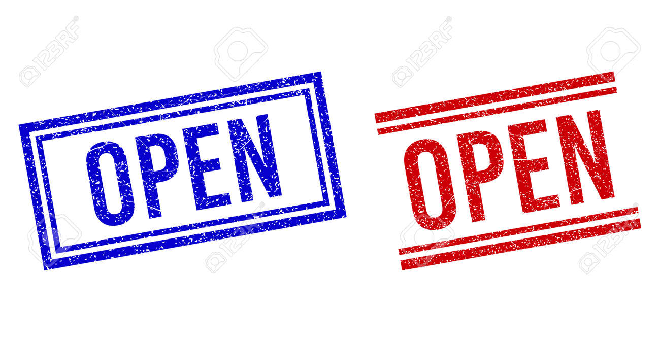 OPEN rubber imitations with grunge texture. Vectors designed with double lines, in blue and red variants. Tag placed inside double rectangle frame and parallel lines. - 170683134 OPEN rubber imitations with grunge texture. Vectors designed with double lines, in blue and red variants. Tag placed inside double rectangle frame and parallel lines. - 170683134