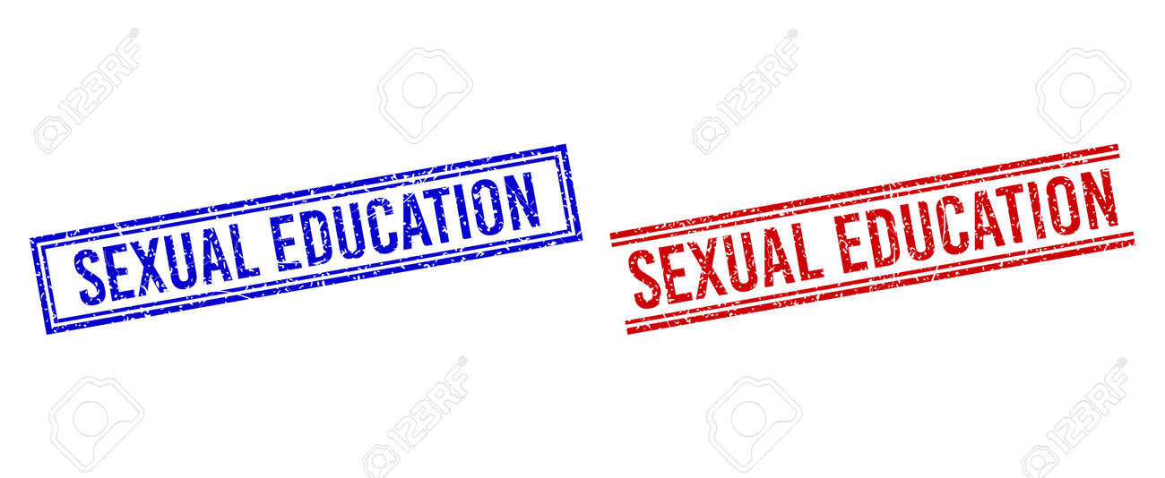 SEXUAL EDUCATION stamp seal imitations with grunge effect. Vectors designed with double lines, in blue and red versions. Text placed inside double rectangle frame and parallel lines. - 170683227 SEXUAL EDUCATION stamp seal imitations with grunge effect. Vectors designed with double lines, in blue and red versions. Text placed inside double rectangle frame and parallel lines. - 170683227