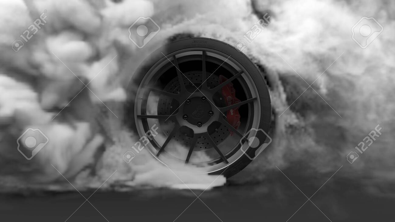Tire Burnout. Burning rubber and Smoking tire with a rotating wheel with thick Smoke on dark background. 3D Rendering - 122586908 Tire Burnout. Burning rubber and Smoking tire with a rotating wheel with thick Smoke on dark background. 3D Rendering - 122586908
