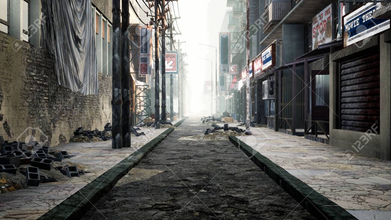 A Deserted Post-apocalyptic City. The Camera Flies Through The Empty Ruined  City. Deserted Post-apocalyptic Street In The Ruins Of Buildings. The  Concept Of The Apocalypse. 3D Rendering Фотография, картинки, изображения и  сток-фотография