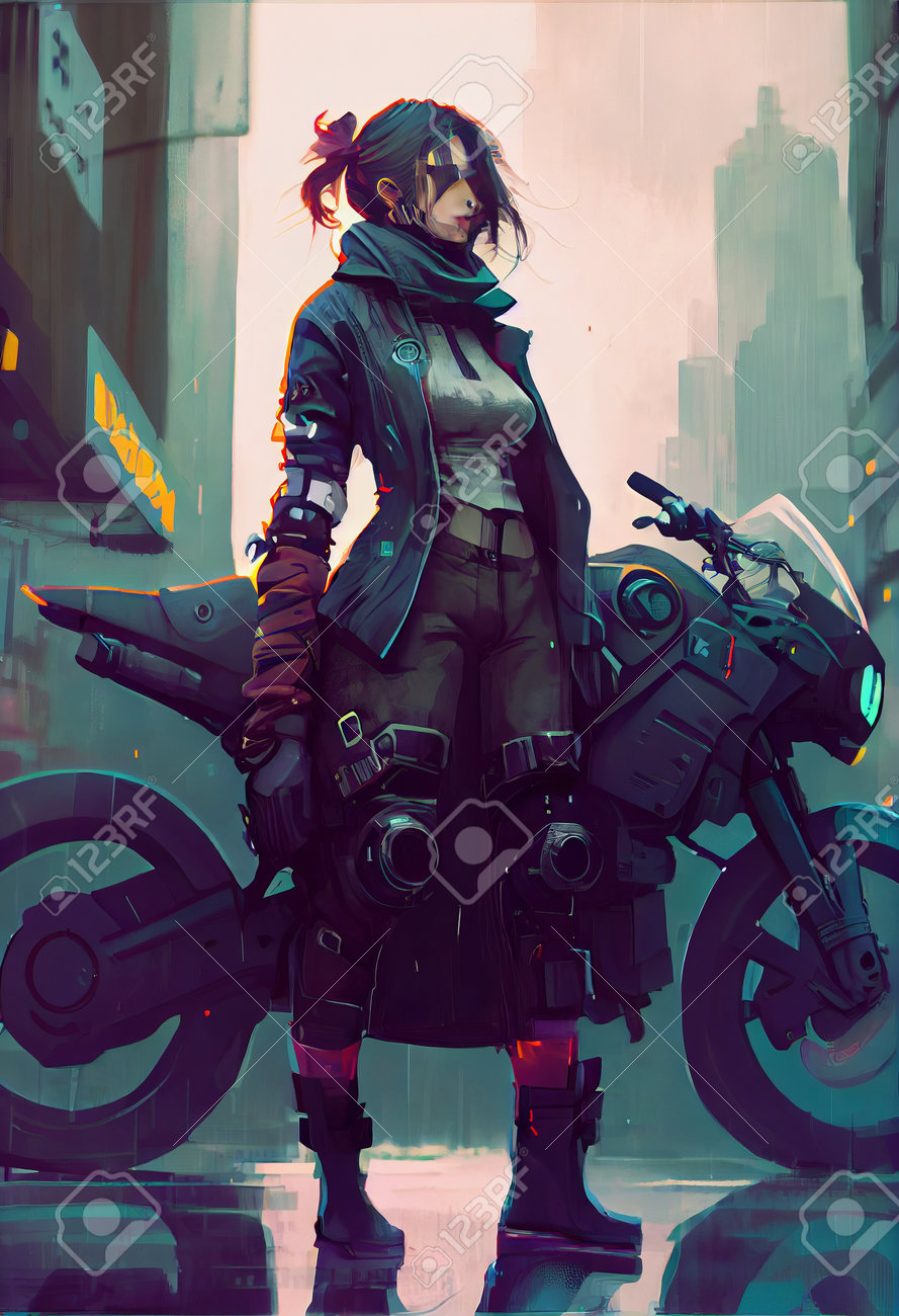 Beautiful Female Cyberpunk Girl on Futuristic Motorbike · Creative