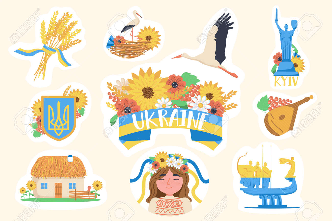 Zestaw naklejek ukraina. pakiet żółtej niebieskiej flagi, herbu, pszenicy na wstążce, zabytków kijowa, domu, bociana i innej odznaki. ilustracja wektorowa z izolowanym materiałem drukowanym w płaskiej konstrukcji - 183575722 Zestaw naklejek ukraina. pakiet żółtej niebieskiej flagi, herbu, pszenicy na wstążce, zabytków kijowa, domu, bociana i innej odznaki. ilustracja wektorowa z izolowanym materiałem drukowanym w płaskiej konstrukcji - 183575722