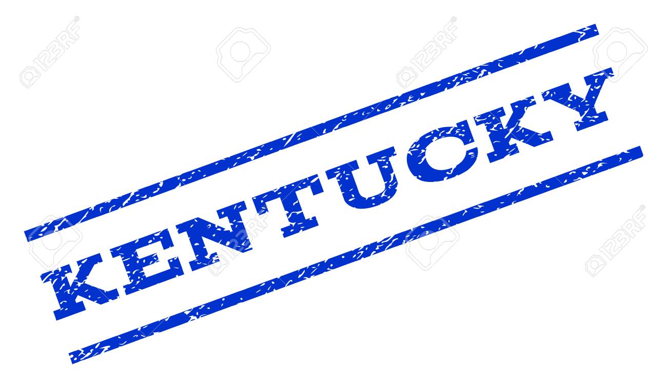 ケンタッキー透かしスタンプです グランジ デザイン スタイルと平行な線分間のテキスト キャプション 回転したゴムスリーブに汚れた質感とスタンプ 白の背景にベクトル青インク跡 のイラスト素材 ベクタ Image
