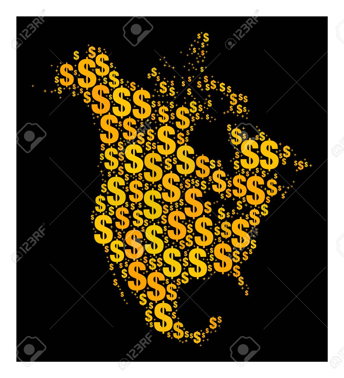 Map Of North America Of Golden Dollar Signs Flat Design For