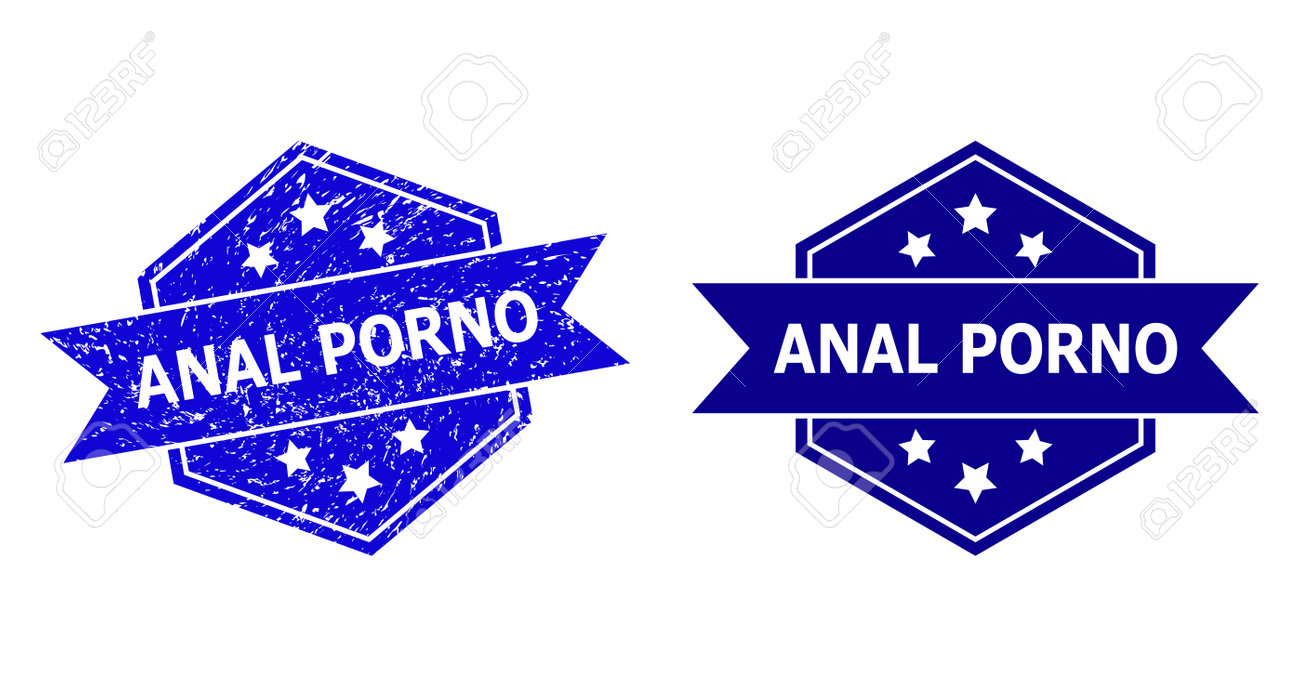 白い背景に六角形のANALPORNOスタンプシール、オリジナルのバリエーション。六角形の内側にANALPORNOテキストが付いたフラットベクターブルーディストレスシール、リボンが使用されています。苦痛の質感の刻印。のイラスト素材・ベクター  Image 161999157