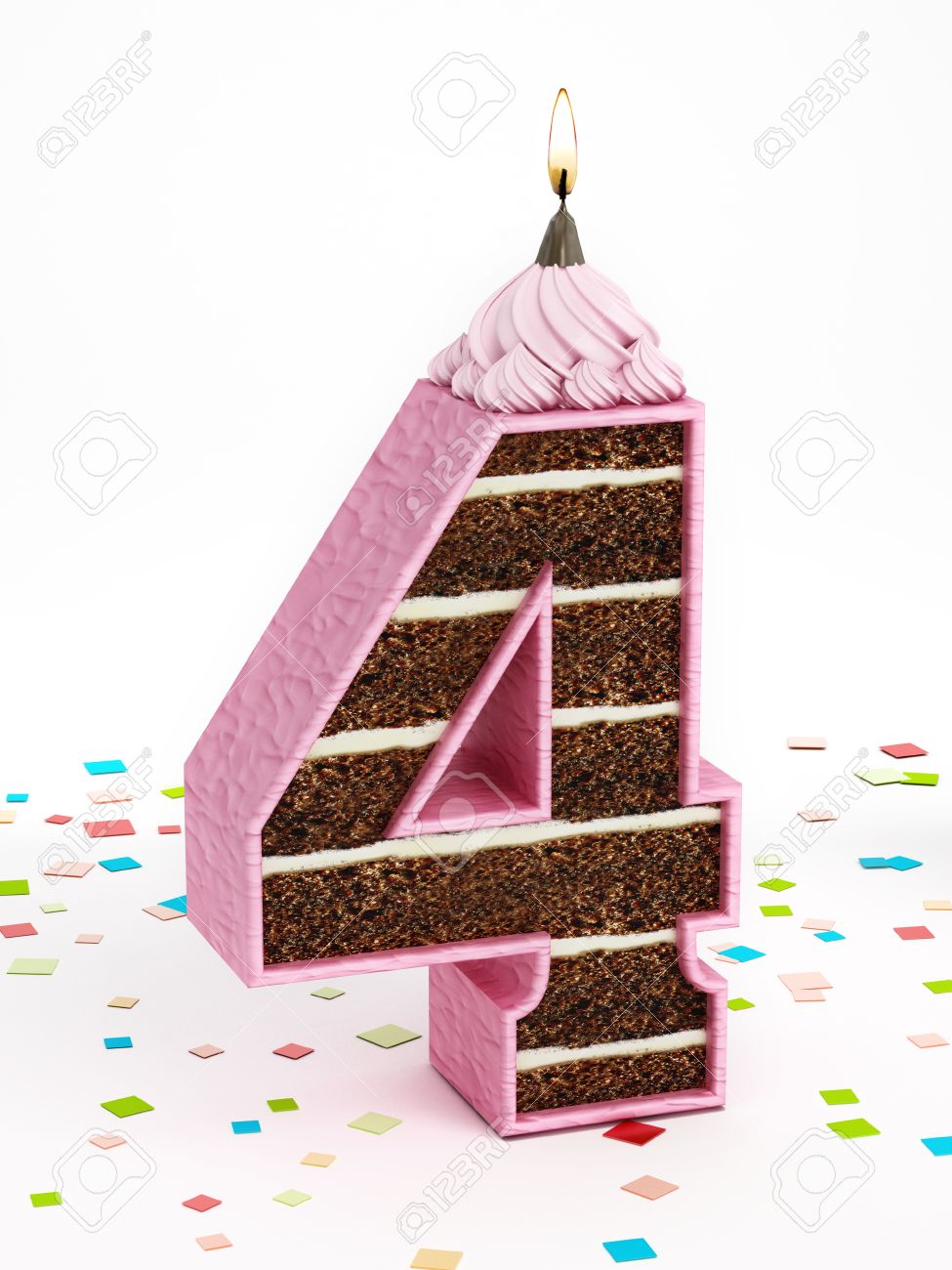 Numero 4 En Forme De Chocolat Gateau D Anniversaire Avec Une Bougie Allumee Banque D Images Et Photos Libres De Droits Image