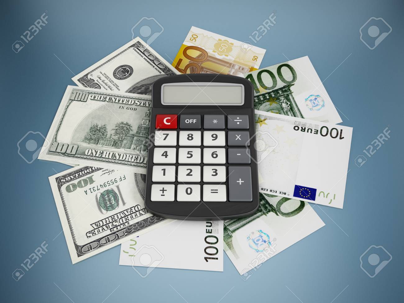 灰色の表面上の電卓、ドル、ユーロの手形。の写真素材・画像素材 Image 34195374