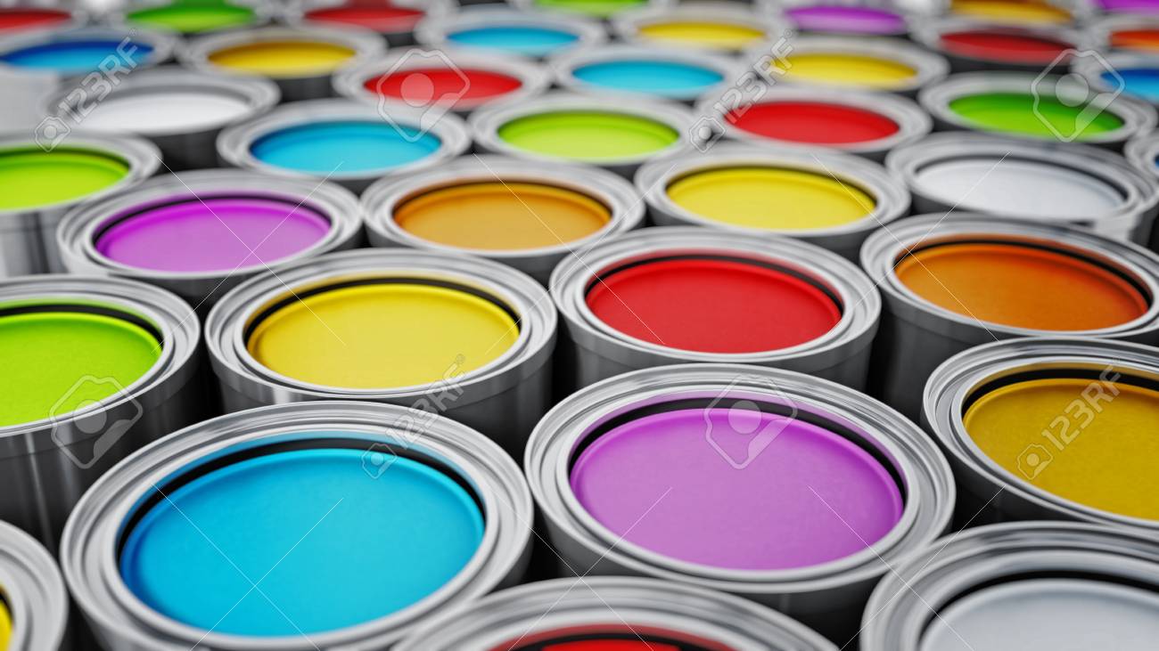 vibrant colored paint cans background 3d illustration stock photo
