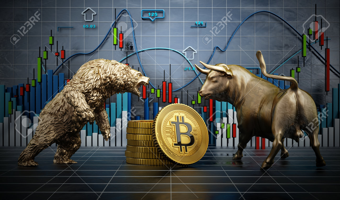 Golden Bull And Bear Standing Near Generic Bitcoin Cryptocurrencies. Stock  Charts In The Background. 3D Illustration. Stock Photo, Picture and Royalty  Free Image. Image 197617571.