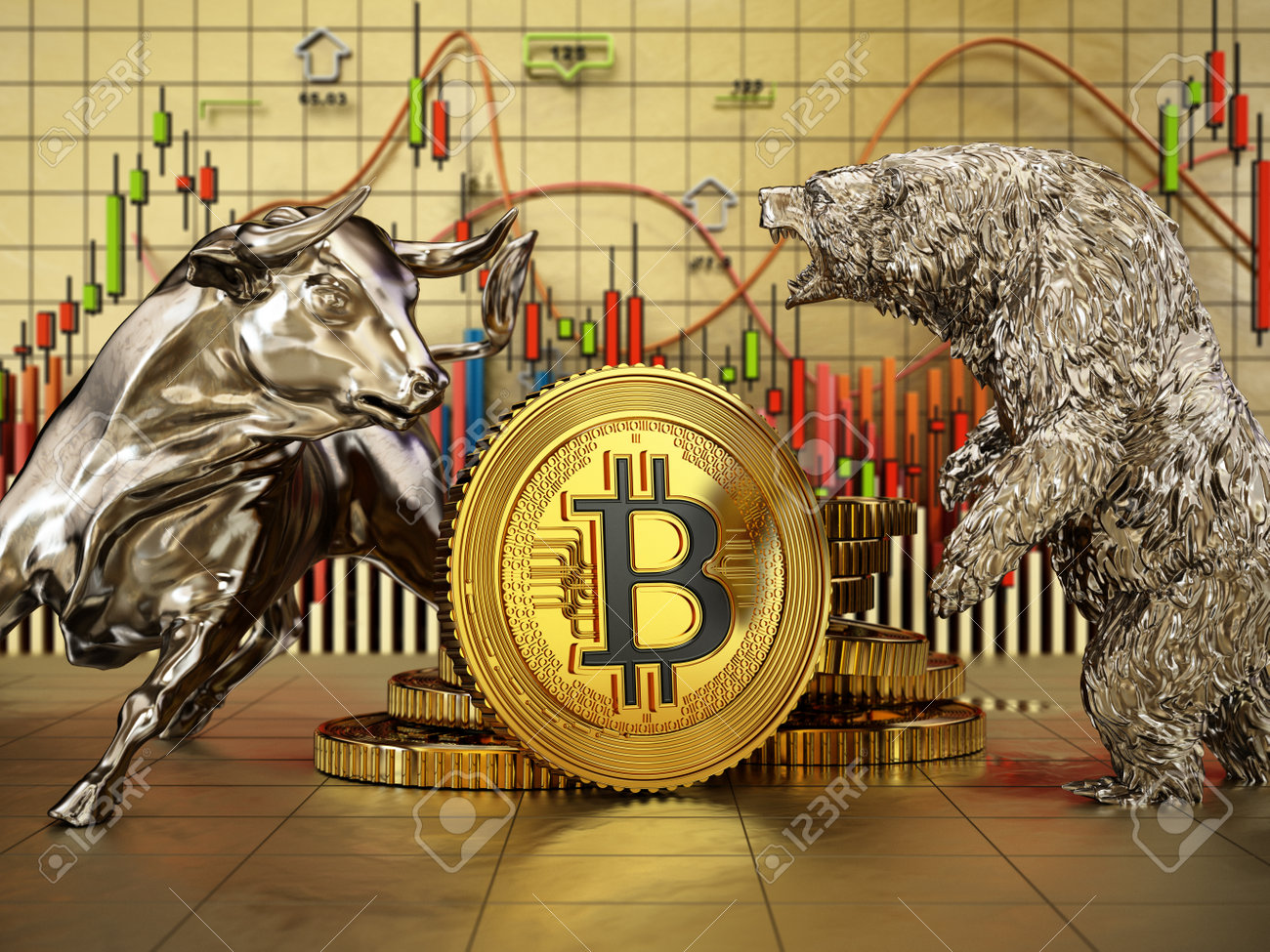 Silver Bull And Bear Standing Near Generic Bitcoin Cryptocurrencies. Stock  Charts In The Background. 3D Illustration. Stock Photo, Picture and Royalty  Free Image. Image 197617573.
