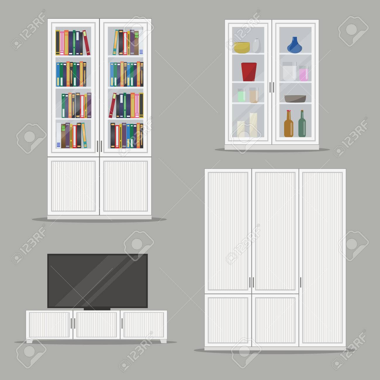 Verzameling Van Geïsoleerde Boekenkast, Tv-meubel En Garderobe ... Verzameling Van Geïsoleerde Boekenkast, Tv-meubel En Garderobe ...