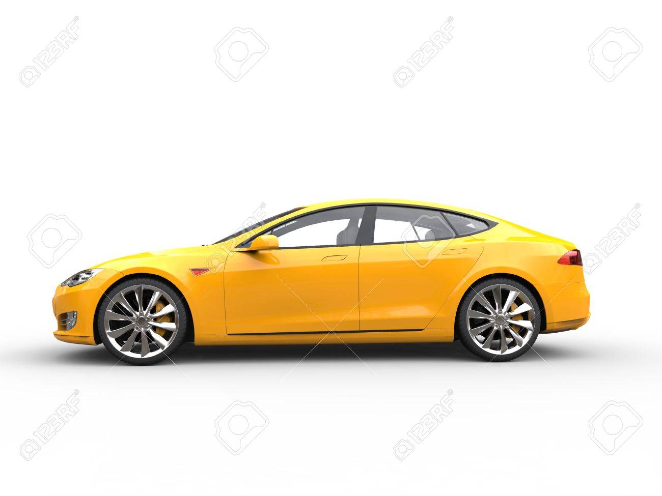 Great Yellow Electric Sports Car Side View Stock Photo Picture