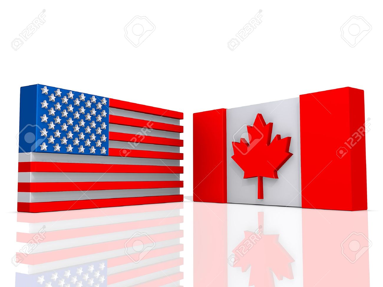 canada and united states of america flags on a shiny white