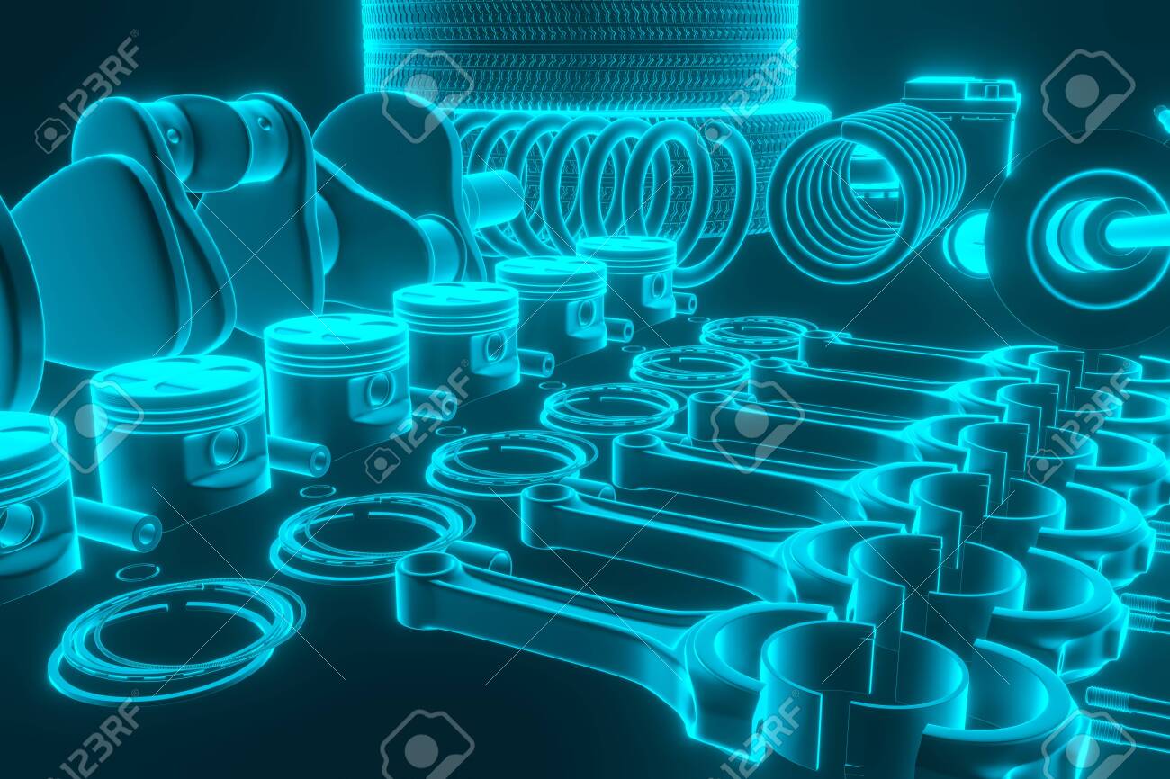 자동차 부품, 회색 배경에 예비 부품 자동차. 상점 또는 수리용 부품 시장을 위한 많은 새로운 품목으로 세트. 자동차용 자동차 부품.  3d 렌더링 로열티 무료 사진, 그림, 이미지 그리고 스톡포토그래피. Image 131024348