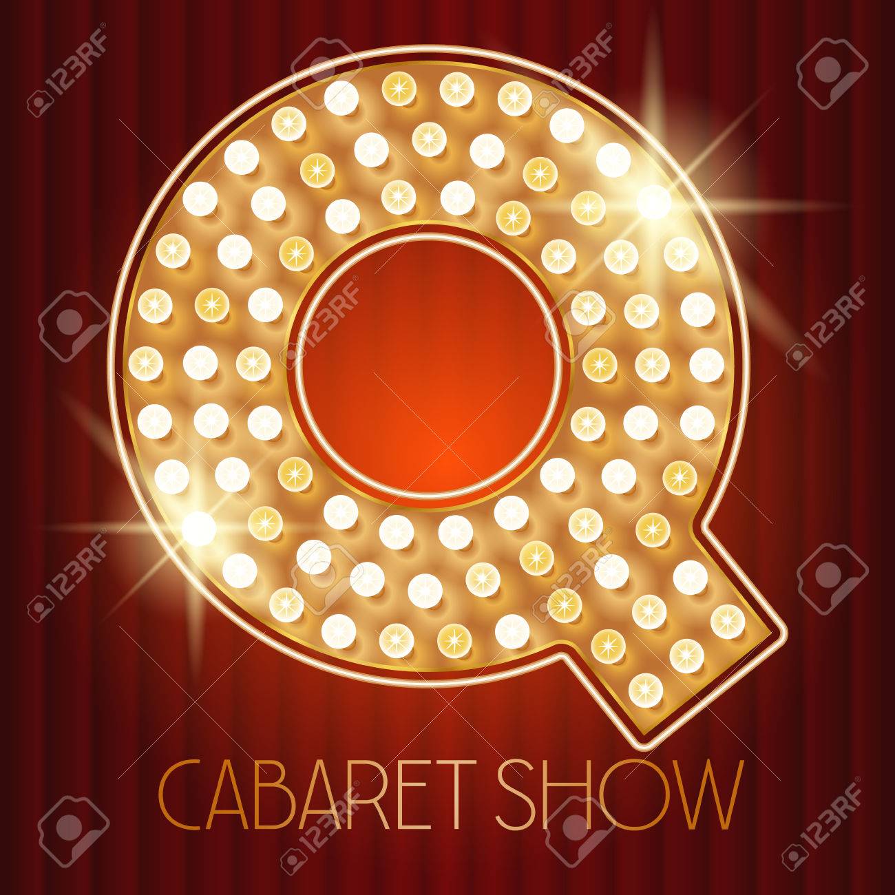vector shiny gold lamp alphabet in cabaret show style letter show and tell letter q